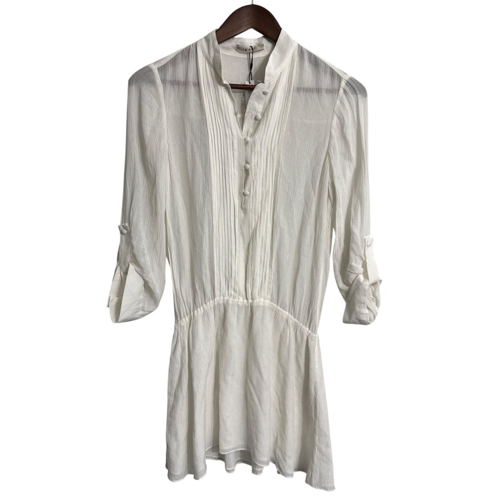 Alice + Olivia silk blend shirt dress women's 2 ivory pintuck roll tab luxury